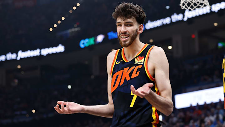 Apr 14, 2024; Oklahoma City, Oklahoma, USA; Oklahoma City Thunder forward Chet Holmgren (7) reacts to an officials call after a play against the Dallas Mavericks during the second quarter at Paycom Center. Mandatory Credit: Alonzo Adams-Imagn Images