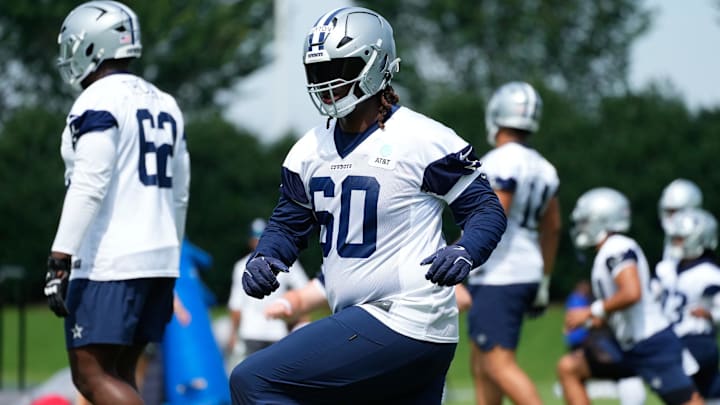 Jun 5, 2024; Frisco, TX, USA;  Dallas Cowboys tackle Tyler Guyton (60) goes through a drill during practice at the Ford Center at the Star Training Facility in Frisco, Texas. Mandatory Credit: Chris Jones-USA TODAY Sports