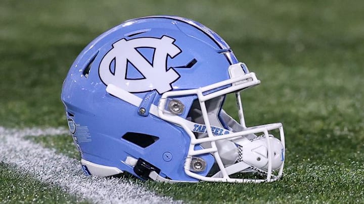 Oct 28, 2023; Atlanta, Georgia, USA; A detailed view of a North Carolina Tar Heels helmet on the field before a game against the Georgia Tech Yellow Jackets at Bobby Dodd Stadium at Hyundai Field. Mandatory Credit: Brett Davis-Imagn Images