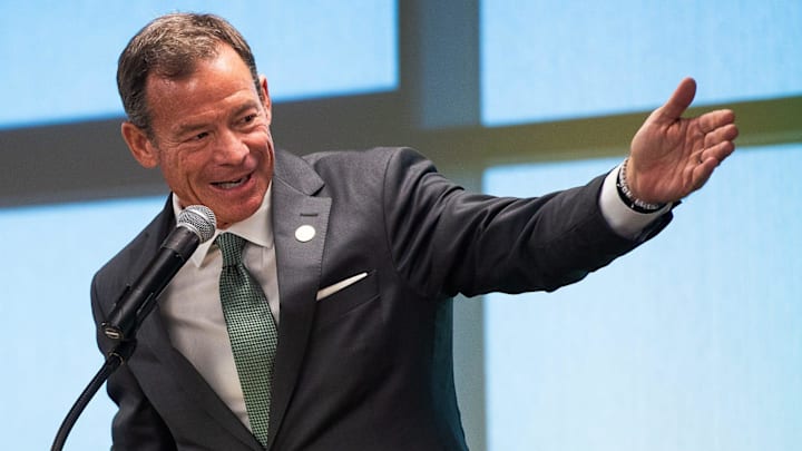 Colorado State's new head football coach Jim Mora talks to the crowd during a press conference to introduce the new head football coach at Canvas Stadium on Dec. 1, 2025 in Fort Collins, Colo.