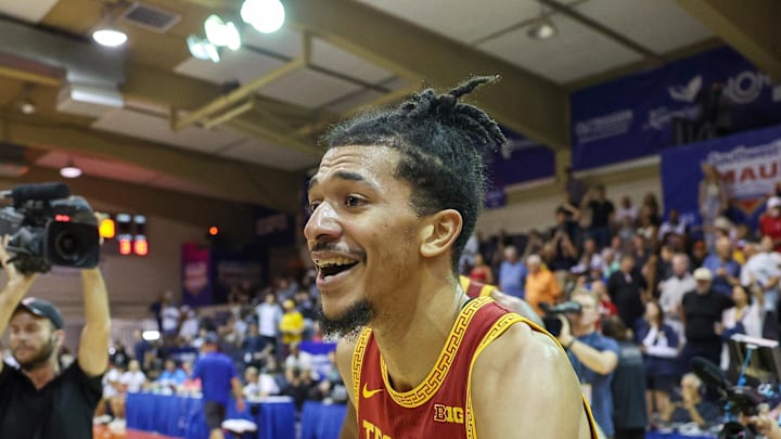 Nov 26, 2025; Lahaina, HI, USA; USC Trojans guard Chad Baker-Mazara (4) reacts after the Trojans defeated the Arizona State Sun Devils in the championship match at Lahaina Civic Center. Mandatory Credit: Marco Garcia-Imagn Images Nov 26, 2025; Lahaina, HI, USA; USC Trojans guard Chad Baker-Mazara (4) reacts after the Trojans defeated the Arizona State Sun Devils in the championship match at Lahaina Civic Center. Mandatory Credit: Marco Garcia-Imagn Images