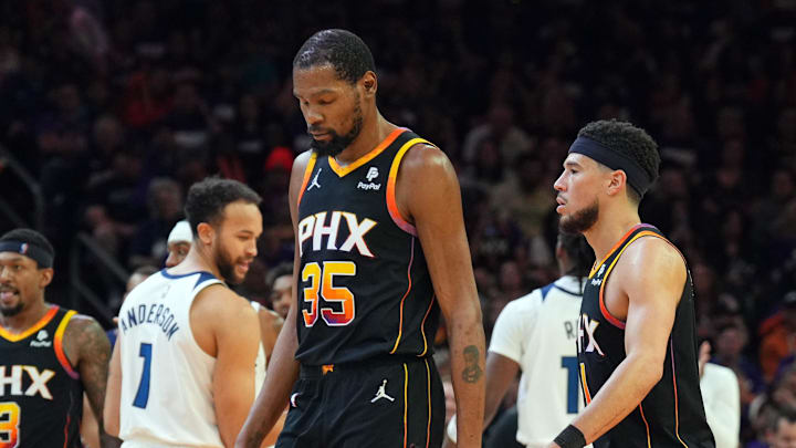 Apr 26, 2024; Phoenix, Arizona, USA; Phoenix Suns guard Bradley Beal (3) and Phoenix Suns forward Apr 26, 2024; Phoenix, Arizona, USA; Phoenix Suns guard Bradley Beal (3) and Phoenix Suns forward