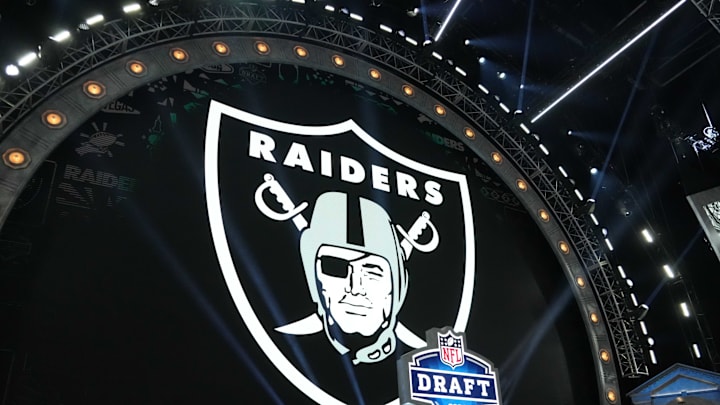 Apr 25, 2024; Detroit, MI, USA; A Las Vegas Raiders logo at the 2024 NFL Draft at Campus Martius Park and Hart Plaza. Mandatory Credit: Kirby Lee-Imagn Images