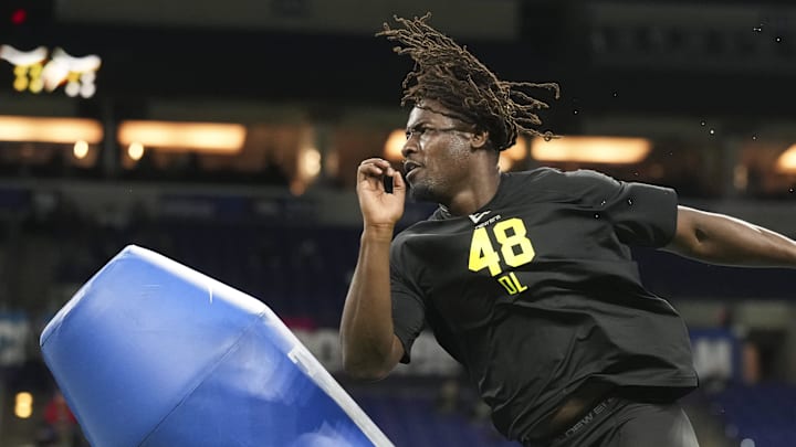Feb 26, 2026; Indianapolis, IN, USA; UCF defensive lineman Malachi Lawrence (DL48) during the NFL Scouting Combine  at Lucas Oil Stadium. Mandatory Credit: Kirby Lee-Imagn Images