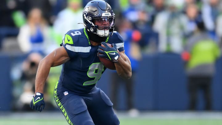 Seattle Seahawks running back Kenneth Walker III (9) runs against the Los Angeles Rams in the first half in the 2026 NFC Championship Game at Lumen Field.