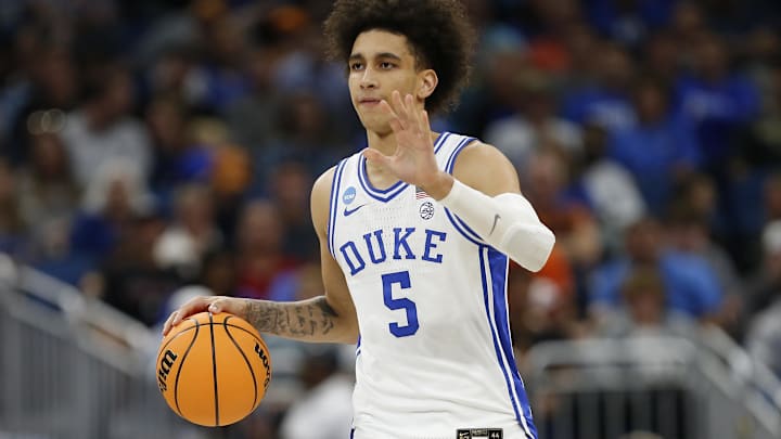 Mar 16, 2023; Orlando, FL, USA; Duke Blue Devils guard Tyrese Proctor (5) dribbles the ball during the second half against the Oral Roberts Golden Eagles at Amway Center. Mandatory Credit: Russell Lansford-Imagn Images
