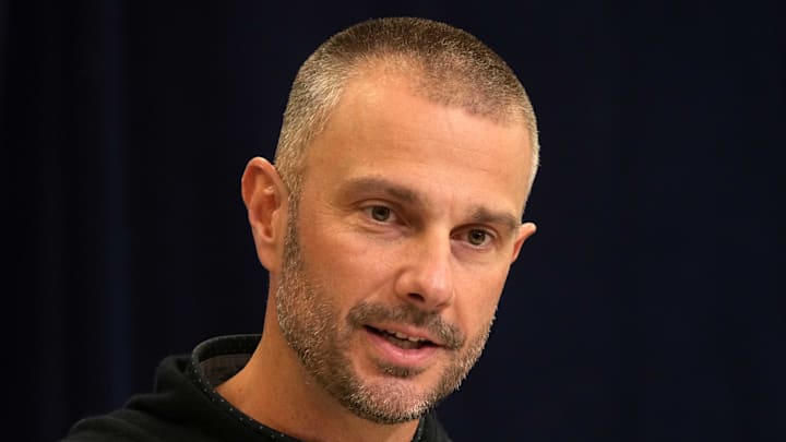 Feb 25, 2025; Indianapolis, IN, USA; Las Vegas Raiders general manager John Spytek speaks during the NFL Scouting Combine at the Indiana Convention Center. Mandatory Credit: Kirby Lee-Imagn Images