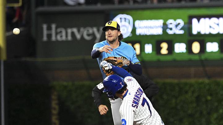 May 19, 2026; Chicago, Illinois, USA; Chicago Cubs shortstop Dansby Swanson (7) is forced out at second by Milwaukee Brewers second baseman Brice Turang (2) during the fifth inning at Wrigley Field. Mandatory Credit: Matt Marton-Imagn Images May 19, 2026; Chicago, Illinois, USA; Chicago Cubs shortstop Dansby Swanson (7) is forced out at second by Milwaukee Brewers second baseman Brice Turang (2) during the fifth inning at Wrigley Field. Mandatory Credit: Matt Marton-Imagn Images