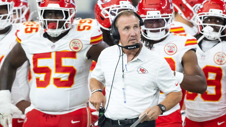 Aug 9, 2025; Glendale, Arizona, USA; Kansas City Chiefs defensive coordinator Steve Spagnuolo against the Arizona Cardinals during a preseason NFL game at State Farm Stadium. Mandatory Credit: Mark J. Rebilas-Imagn Images