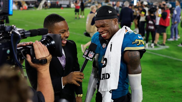 Jacksonville Jaguars wide receiver Travis Hunter (12) is interviewed after the game of an NFL football matchup at EverBank Stadium, Monday, Oct. 6, 2025, in Jacksonville, Fla. The Jacksonville Jaguars edged the Kansas City Chiefs 31-28. [Corey Perrine/Florida Times-Union]
