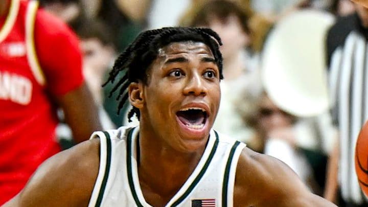 Michigan State's Jeremy Fears Jr., left, yells at Maryland's Guillermo Del Pino while guarding him during the first half on Saturday, Jan. 24, 2026, at the Breslin Center in East Lansing.