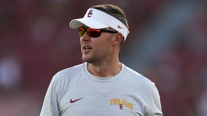 Sep 3, 2022; Los Angeles, California, USA; Southern California Trojans head coach Lincoln Riley reacts in the second half against the Rice Owls at United Airlines Field at Los Angeles Memorial Coliseum. Mandatory Credit: Kirby Lee-Imagn Images