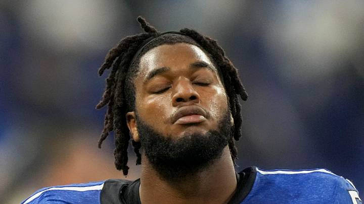 Indianapolis Colts defensive end Dayo Odeyingbo walks off the field