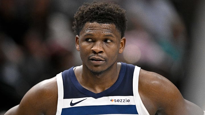 Mar 30, 2026; Dallas, Texas, USA; Minnesota Timberwolves guard Anthony Edwards (5) looks on during the second half against the Dallas Mavericks at the American Airlines Center. Mandatory Credit: Jerome Miron-Imagn Images