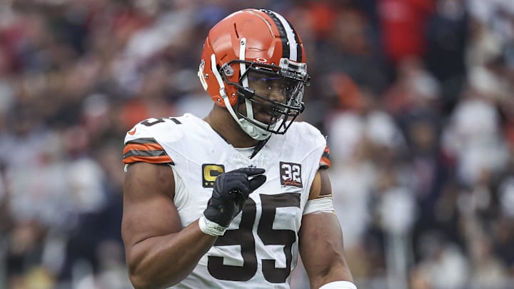 Jan 13, 2024; Houston, Texas, USA; Cleveland Browns defensive end Myles Garrett (95) reacts in a 2024 AFC wild card game against the Houston Texans at NRG Stadium. Mandatory Credit: Troy Taormina-Imagn Images