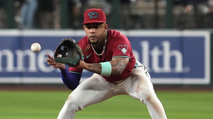 Sep 3, 2025; Phoenix, Arizona, USA; Arizona Diamondbacks second base Ketel Marte (4) gets the force out against the Texas Rangers in the fifth inning at Chase Field. Mandatory Credit: Rick Scuteri-Imagn Images Sep 3, 2025; Phoenix, Arizona, USA; Arizona Diamondbacks second base Ketel Marte (4) gets the force out against the Texas Rangers in the fifth inning at Chase Field. Mandatory Credit: Rick Scuteri-Imagn Images