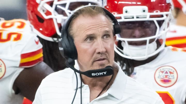 Aug 9, 2025; Glendale, Arizona, USA; Kansas City Chiefs defensive coordinator Steve Spagnuolo against the Arizona Cardinals during a preseason NFL game at State Farm Stadium. Mandatory Credit: Mark J. Rebilas-Imagn Images