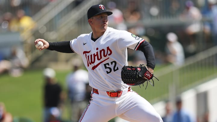 Mar 4, 2026; Fort Myers, Florida, USA; Minnesota Twins starting pitcher Zebby Matthews (52) throws a pitch against Puerto Rico in the first inning during spring training at Lee Health Sports Complex/Hammond Stadium.