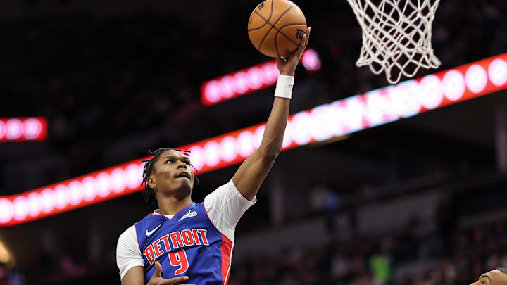 Mar 30, 2025; Minneapolis, Minnesota, USA; Detroit Pistons forward Ausar Thompson (9) shoots the ball against the Minnesota Timberwolves during the first quarter at Target Center. Mandatory Credit: Matt Krohn-Imagn Images