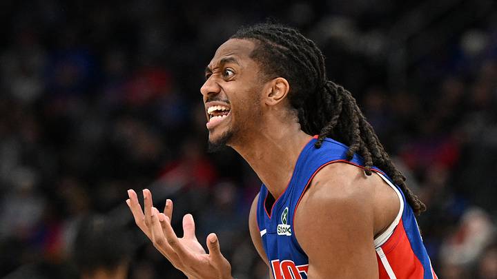 Feb 3, 2026; Detroit, Michigan, USA; Detroit Pistons guard Daniss Jenkins (24) reacts after being called for a foul against the Denver Nuggets in the fourth quarter at Little Caesars Arena. Mandatory Credit: Lon Horwedel-Imagn Images Feb 3, 2026; Detroit, Michigan, USA; Detroit Pistons guard Daniss Jenkins (24) reacts after being called for a foul against the Denver Nuggets in the fourth quarter at Little Caesars Arena. Mandatory Credit: Lon Horwedel-Imagn Images