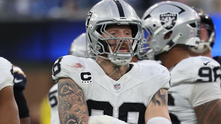 Nov 30, 2025; Inglewood, California, USA; Las Vegas Raiders defensive end Maxx Crosby (98) reacts during the second half at SoFi Stadium. Mandatory Credit: Kiyoshi Mio-Imagn Images
