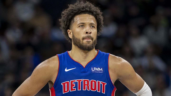 Mar 27, 2024; Minneapolis, Minnesota, USA; Detroit Pistons guard Cade Cunningham (2) look on against the Minnesota Timberwolves in the second half at Target Center. Mandatory Credit: Jesse Johnson-Imagn Images