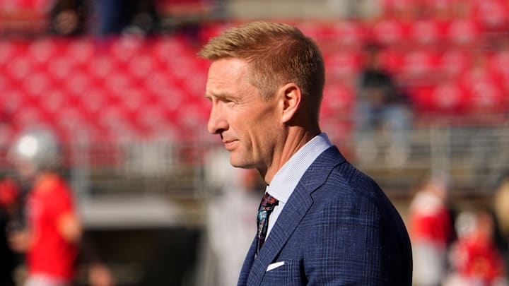 Nov 26, 2022; Columbus, Ohio, USA; Fox Sports announcer Joel Klatt walks across the field prior to the NCAA football game between the Ohio State Buckeyes and the Michigan Wolverines at Ohio Stadium. 