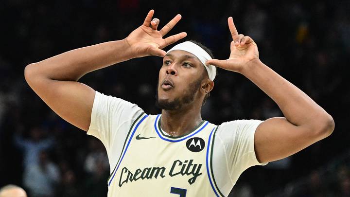 Nov 20, 2025; Milwaukee, Wisconsin, USA; Milwaukee Bucks center Myles Turner (3) reacts after scoring a basket in the 4th quarter against the Philadelphia 76ers at Fiserv Forum. Mandatory Credit: Benny Sieu-Imagn Images