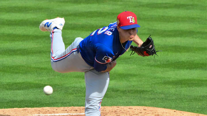 Texas Rangers pitcher Jack Leiter throws a baseball. 