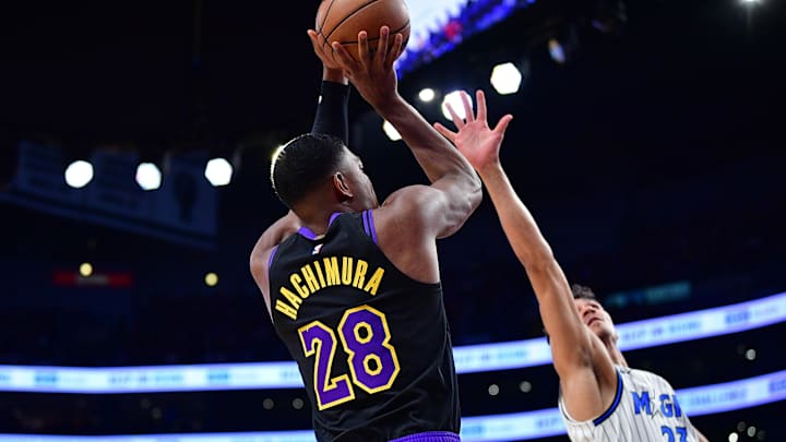 Feb 24, 2026; Los Angeles, California, USA; Los Angeles Lakers forward Rui Hachimura (28) shoots against Orlando Magic forward Tristan da Silva (23) during the second half at Crypto.com Arena. Mandatory Credit: Gary A. Vasquez-Imagn Images