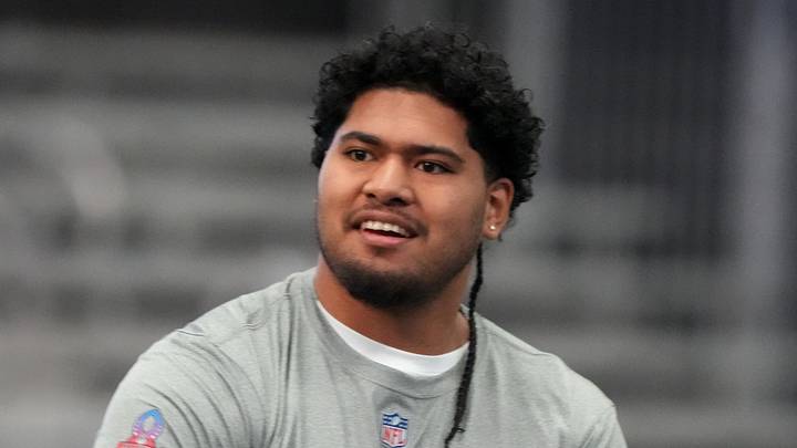 Feb 1, 2026; San Francisco, CA, USA; Los Angeles Chargers linebacker Tuli Tuipulotu (45) during AFC practice at the Flag Fieldhouse Moscone Center South Building. Mandatory Credit: Kirby Lee-Imagn Images