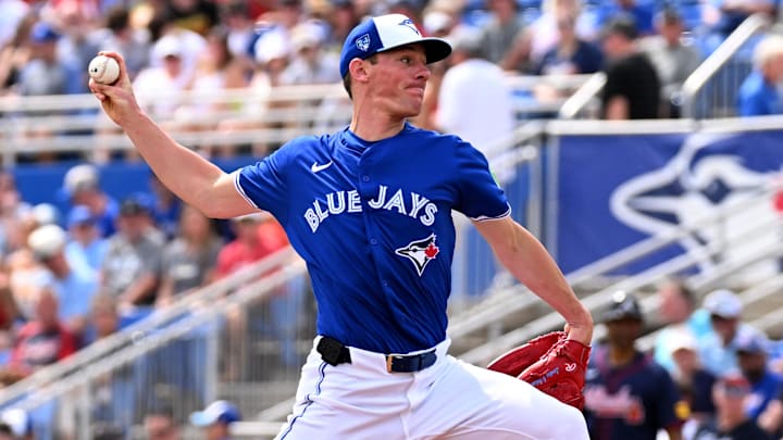Mar 2, 2024; Dunedin, Florida, USA; Toronto Blue Jays pitcher Chris Bassit (40) throws a pitch in the first inning of the spring training game against the Atlanta Braves at TD Ballpark. Mar 2, 2024; Dunedin, Florida, USA; Toronto Blue Jays pitcher Chris Bassit (40) throws a pitch in the first inning of the spring training game against the Atlanta Braves at TD Ballpark.