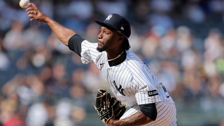 New York Yankees relief pitcher Angel Chivilli (57) pitches against the Los Angeles Angels during the seventh inning at Yankee Stadium.