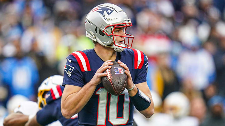 Dec 28, 2024; Foxborough, Massachusetts, USA; New England Patriots quarterback Drake Maye (10) looks to pass the ball against the Los Angeles Chargers in the first half at Gillette Stadium. Mandatory Credit: David Butler II-Imagn Images