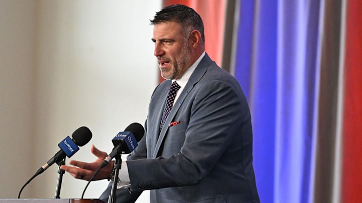 Jan 13, 2025; Foxborough, MA, USA; Mike Vrabel addresses media at a press conference to announce his hiring as the New England Patriots head coach at Gillette Stadium. Mandatory Credit: Eric Canha-Imagn Images