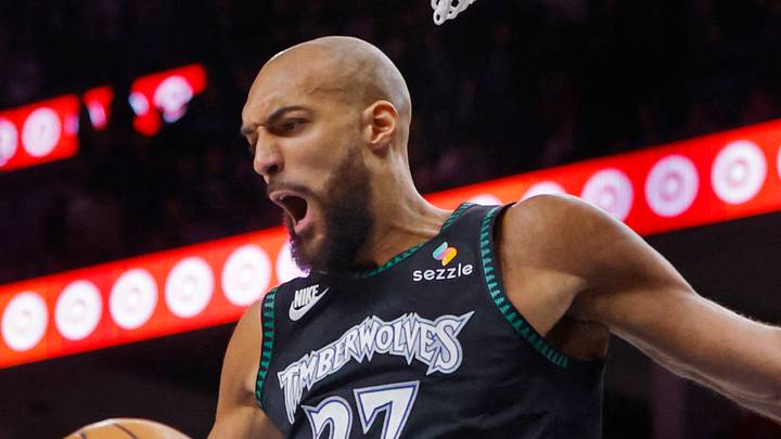 May 10, 2026; Minneapolis, Minnesota, USA; Minnesota Timberwolves center Rudy Gobert (27) dunks against the San Antonio Spurs in the fourth quarter of game four of the second round of the 2026 NBA Playoffs at Target Center. Mandatory Credit: Bruce Kluckhohn-Imagn Images