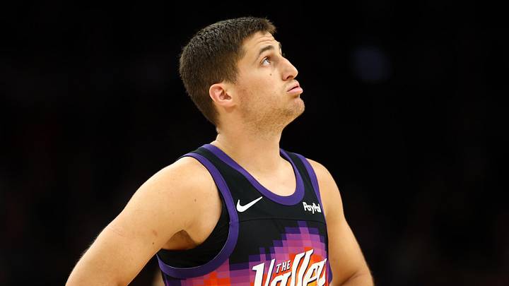 Feb 22, 2026; Phoenix, Arizona, USA; Phoenix Suns guard Collin Gillespie (12) reacts against the Portland Trail Blazers in the second half at Mortgage Matchup Center. Mandatory Credit: Mark J. Rebilas-Imagn Images
