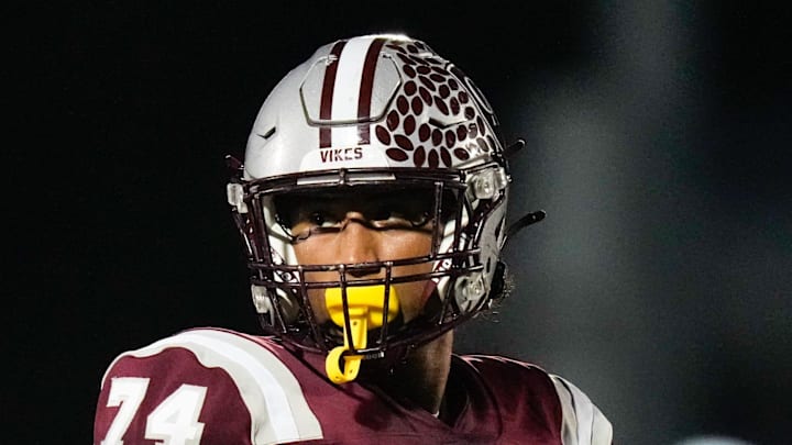 Columbus Academy's Reinaldo Perez (74) looks at the sideline in the first half of the game at Columbus Academy on Friday, Oct. 3, 2025 in Gahanna, Ohio.
