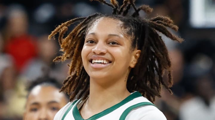Nov 3, 2025; Paris, FRA;  Baylor Bears guard Taliah Scott (0) reacts after scoring a three-point basket against the Duke Blue Devils during the second half at Adidas Arena. Mandatory Credit: Chris Jones-Imagn Images