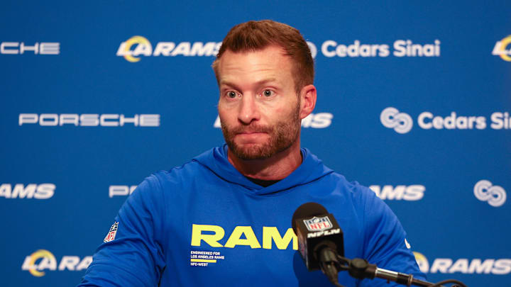 Dec 18, 2025; Seattle, Washington, USA;  Los Angeles Rams head coach Sean McVay speaks in a press conference after a game against the Seattle Seahawks at Lumen Field. Mandatory Credit: Kevin Ng-Imagn Images