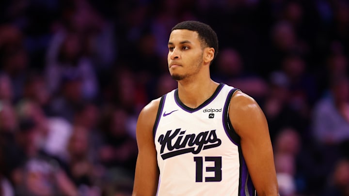 Jan 16, 2024; Phoenix, Arizona, USA; Sacramento Kings forward Keegan Murray (13) against the Phoenix Suns at Footprint Center. Mandatory Credit: Mark J. Rebilas-USA TODAY Sports