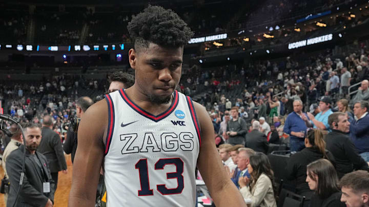 Mar 25, 2023; Las Vegas, NV, USA; Gonzaga Bulldogs guard Malachi Smith (13) reacts after the game against the Connecticut Huskies in the NCAA tournament West Regional final at T-Mobile Arena. Mandatory Credit: Joe Camporeale-Imagn Images