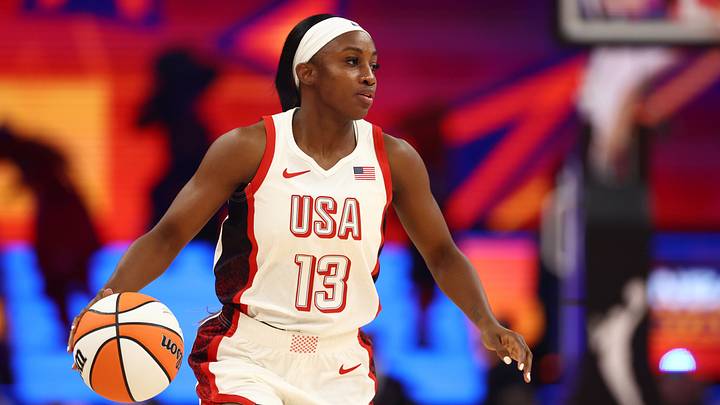 Jul 20, 2024; Phoenix, AZ, USA; USA Women's National Team guard Jackie Young (13) during the WNBA All Star game at Footprint Center. Mandatory Credit: Mark J. Rebilas-USA TODAY Sports Jul 20, 2024; Phoenix, AZ, USA; USA Women's National Team guard Jackie Young (13) during the WNBA All Star game at Footprint Center. Mandatory Credit: Mark J. Rebilas-USA TODAY Sports