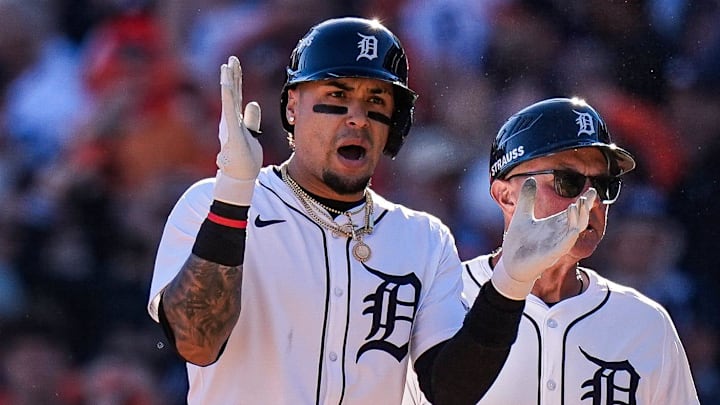 Tigers short stop Javier Baez celebrates batting a 1-RBI single against Mariners during the fifth inning of Game 4 of ALDS at Comerica Park in Detroit on Wednesday, Oct. 8, 2025. Tigers short stop Javier Baez celebrates batting a 1-RBI single against Mariners during the fifth inning of Game 4 of ALDS at Comerica Park in Detroit on Wednesday, Oct. 8, 2025.
