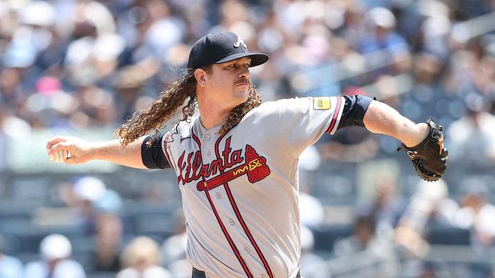 Aug 9, 2026; Bronx, New York, USA;  Atlanta Braves starting pitcher Grant Holmes (66) pitches in the first inning against the New York Yankees at Yankee Stadium. Mandatory Credit: Wendell Cruz-Imagn Images