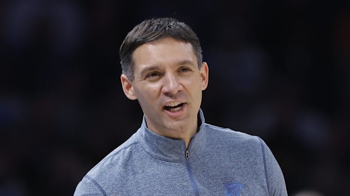Nov 19, 2025; Oklahoma City, Oklahoma, USA; Oklahoma City Thunder head coach Mark Daigneault watches his team play against the Sacramento Kings during the second half at Paycom Center. Mandatory Credit: Alonzo Adams-Imagn Images