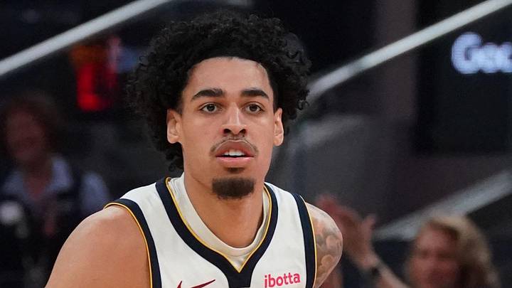 Feb 22, 2026; San Francisco, California, USA;  Denver Nuggets guard Julian Strawther (3) dribbles upcourt against the Golden State Warriors in the third quarter at Chase Center. Mandatory Credit: David Gonzales-Imagn Images