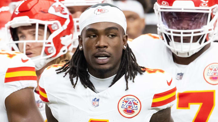 Aug 9, 2025; Glendale, Arizona, USA; Kansas City Chiefs wide receiver Rashee Rice (4) against the Arizona Cardinals during a preseason NFL game at State Farm Stadium. Mandatory Credit: Mark J. Rebilas-Imagn Images Aug 9, 2025; Glendale, Arizona, USA; Kansas City Chiefs wide receiver Rashee Rice (4) against the Arizona Cardinals during a preseason NFL game at State Farm Stadium. Mandatory Credit: Mark J. Rebilas-Imagn Images