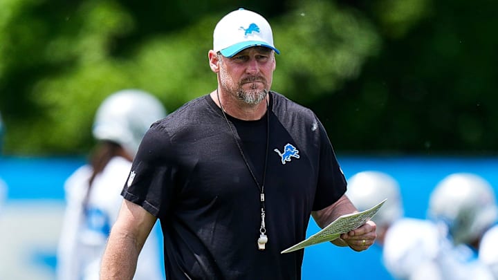 Detroit Lions head coach Dan Campbell watches practices during OTA at Meijer Performance Center in Allen Park on Friday, May 30, 2025.
