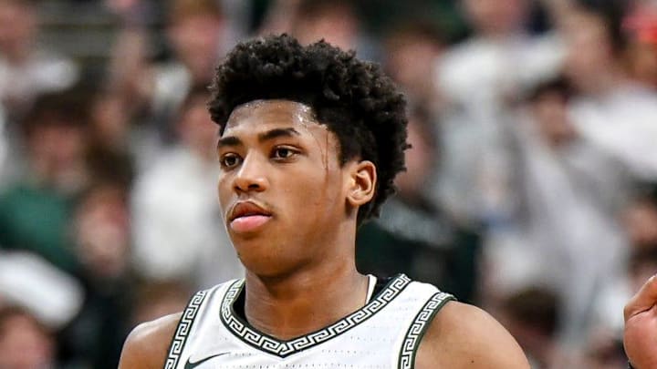 Michigan State's Jeremy Fears Jr. celebrates after a score against UCLA during the first half on Tuesday, Feb. 17, 2026, at the Breslin Center in East Lansing.